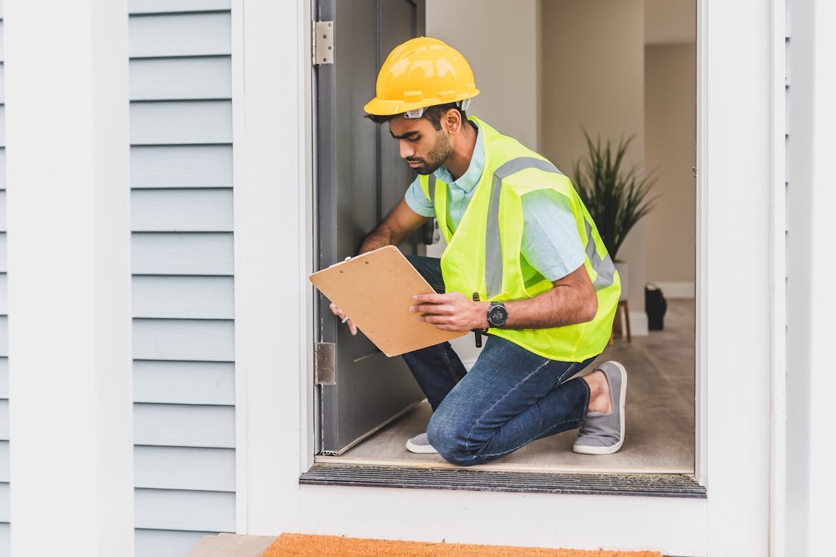 Construction worker inspecting new build before final cleanup in Texas